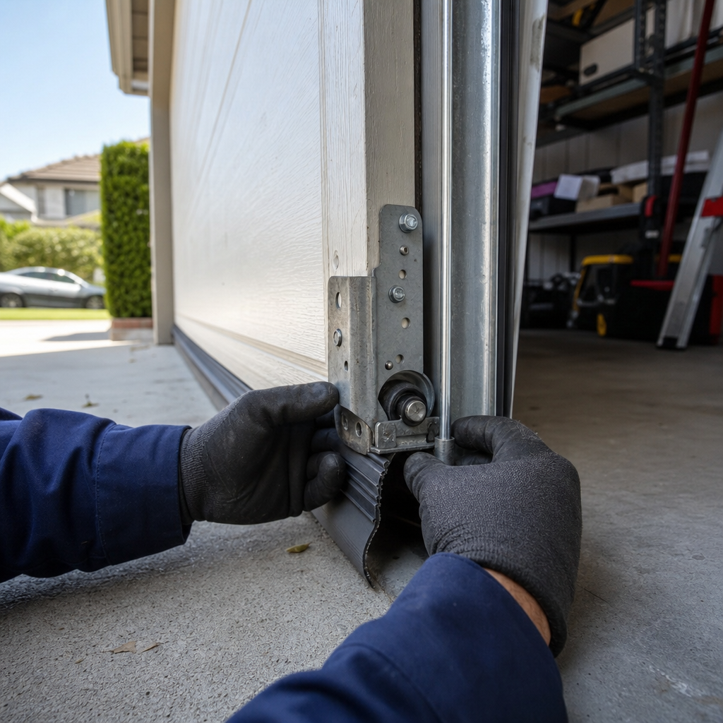 Technician performing emergency garage door bottom bracket repair in Spring, CA
