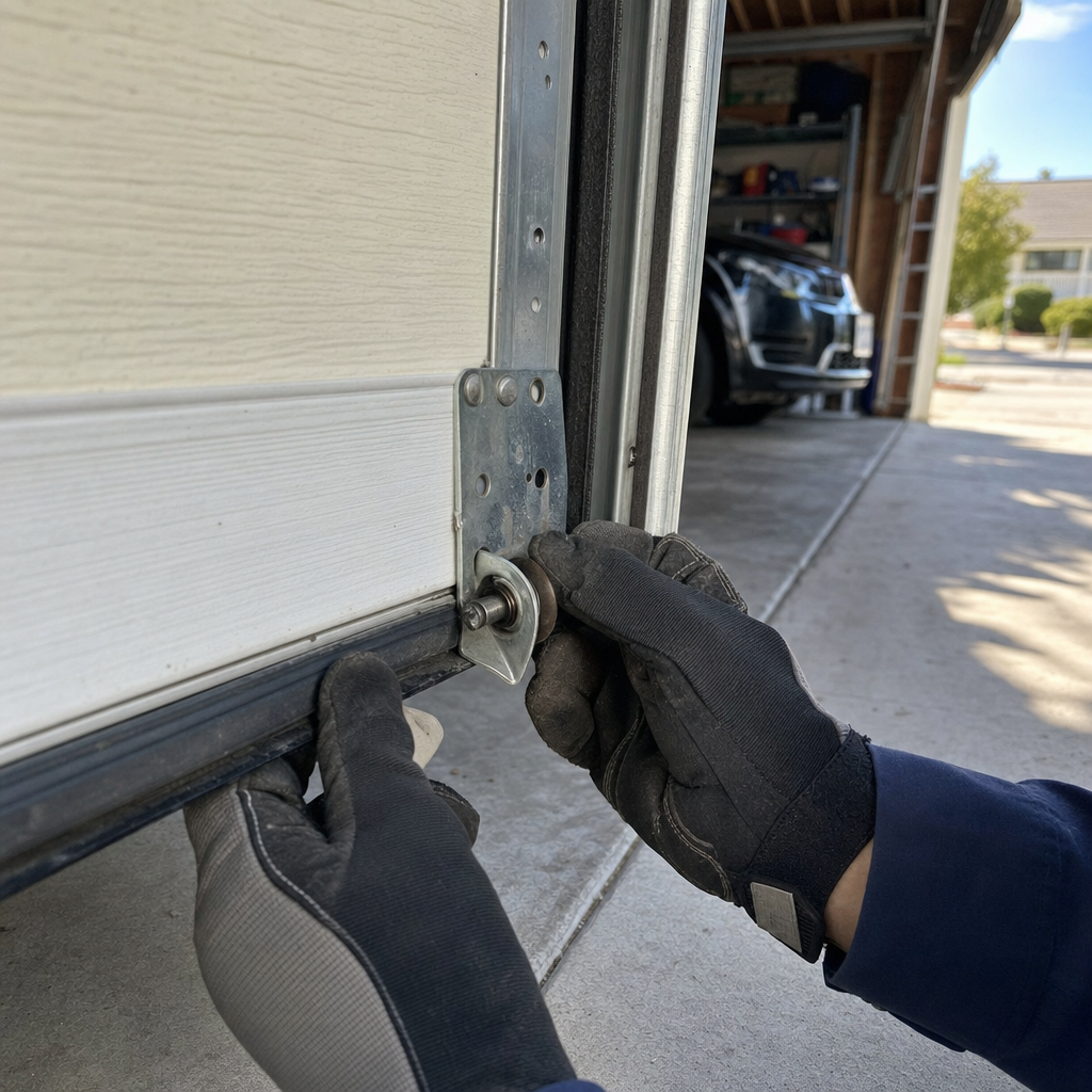 Technician performing professional garage door roller maintenance and repair in Spring, CA